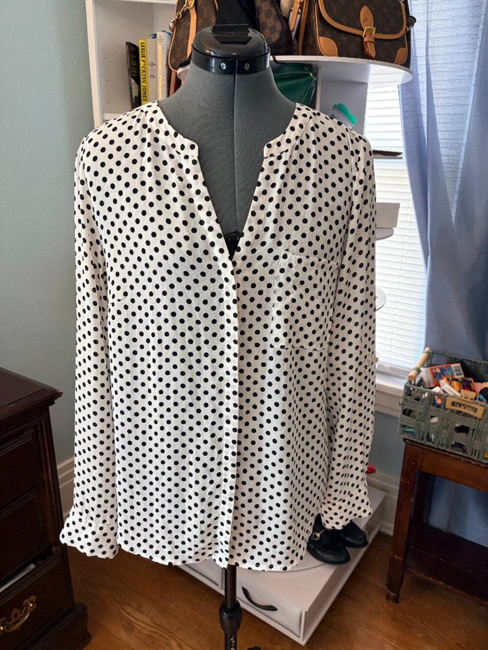 INC Polka Dot Blouse Size 10 Black White Office Workwear Parisian Chic Classic